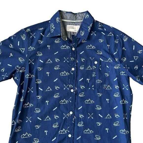 Free Planet Shirt Men's Size S Button Up Cotton Blend‎ Short Sleeve Navy - Picture 5 of 7